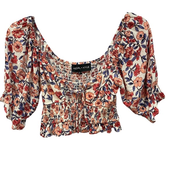 Kendall & Kylie Tops - Kendall + Kylie‎ Floral Smocked Tie Front Crop Top Blouse Puff Sleeve S